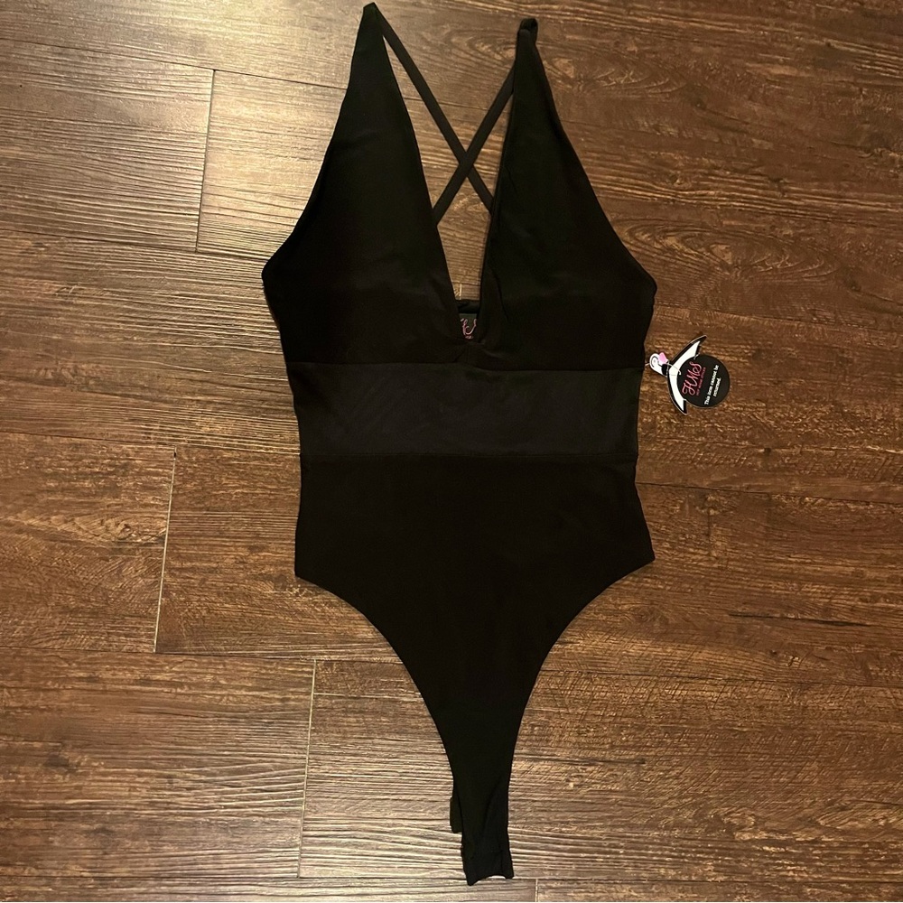 Hot Miami Styles Black Bodysuit Mesh Waist Womens Small Strappy Criss Cross Back